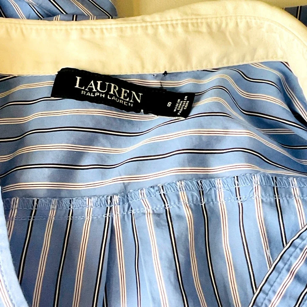 LRL Ralph Lauren black label cotton preppy pinstripe shirt dress blue 6 read